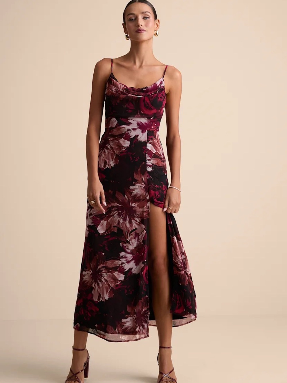 Lulu's Burgundy Floral High-Low Cowl Slip Dress